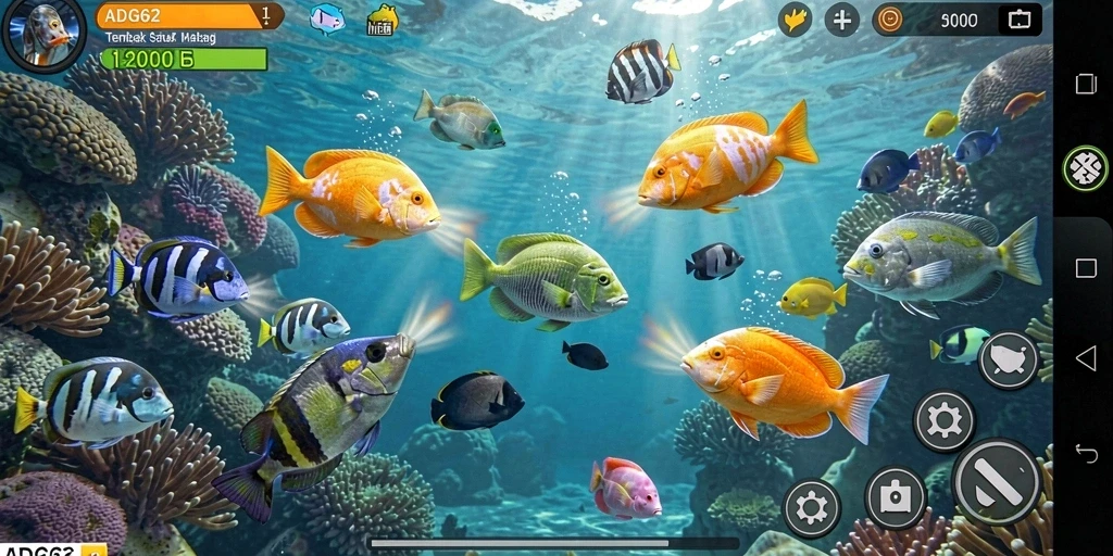 Screenshot utama ADG62 menampilkan aksi menembak ikan yang seru.