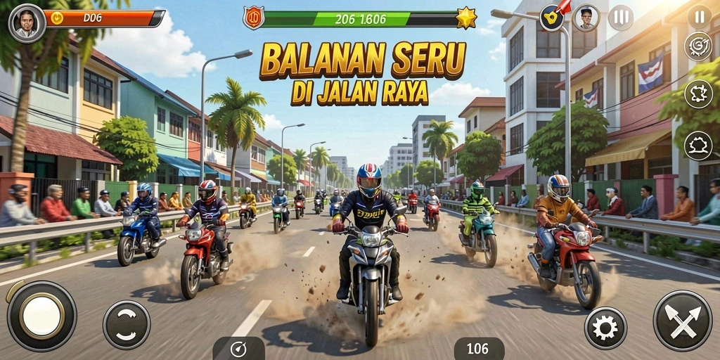 Tangkapan layar D06 menampilkan aksi balap yang intens di jalanan.
