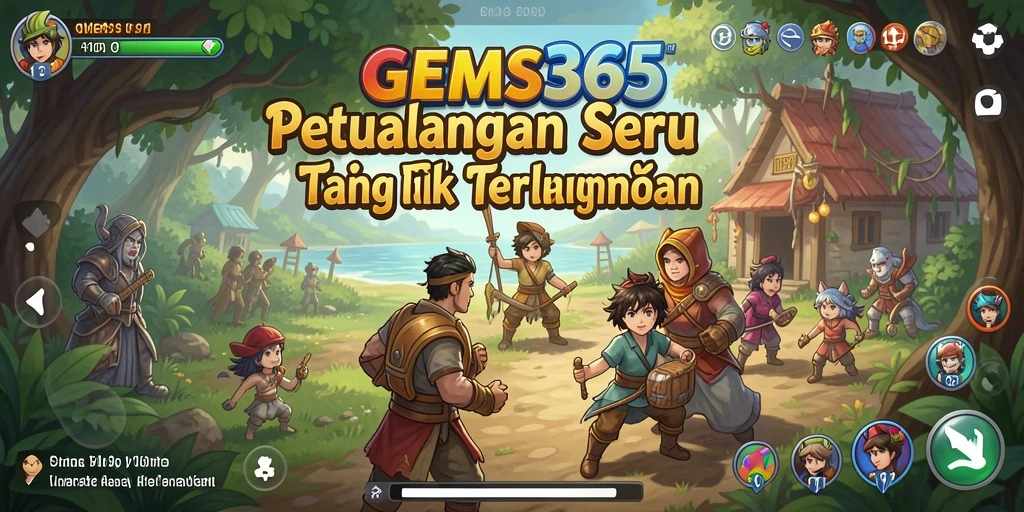 Screenshot GEMS365 menampilkan aksi petualangan yang menegangkan dan dunia yang indah.