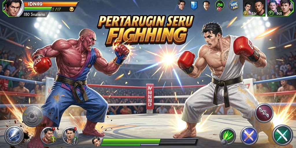 Tangkapan layar utama IDN89 yang menunjukkan pertarungan seru antara karakter.