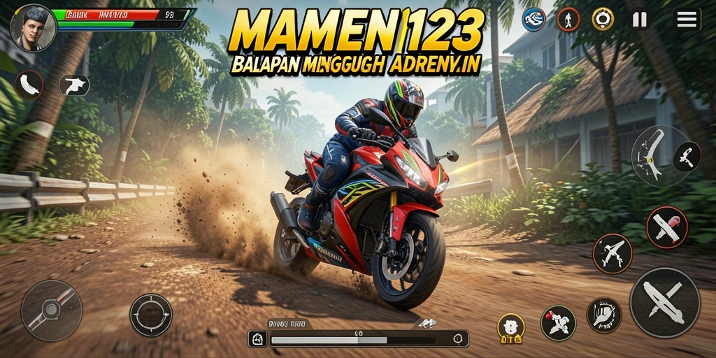 Screenshot gameplay MAMEN123 menampilkan balapan motor yang seru dan mendebarkan.