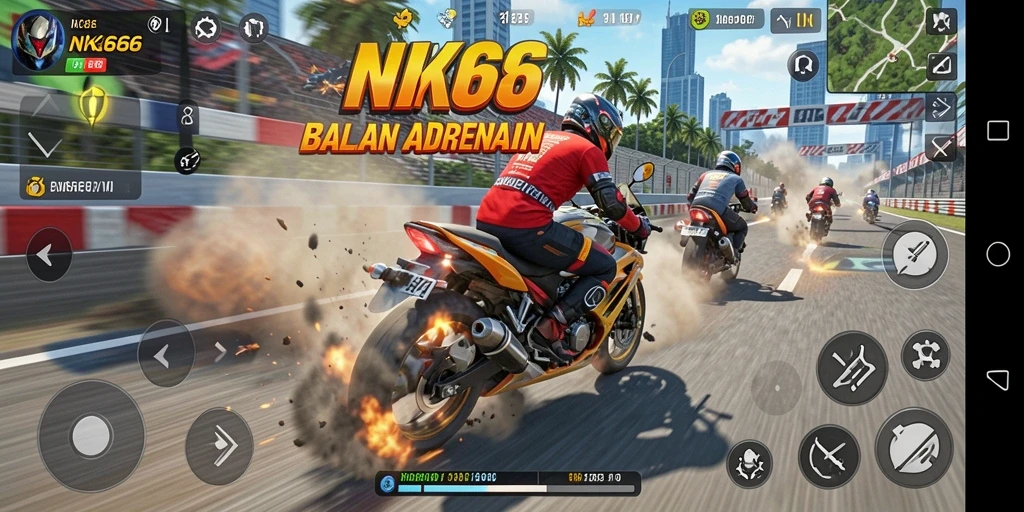 Tampilan utama gameplay NK666 dengan aksi balapan motor seru.
