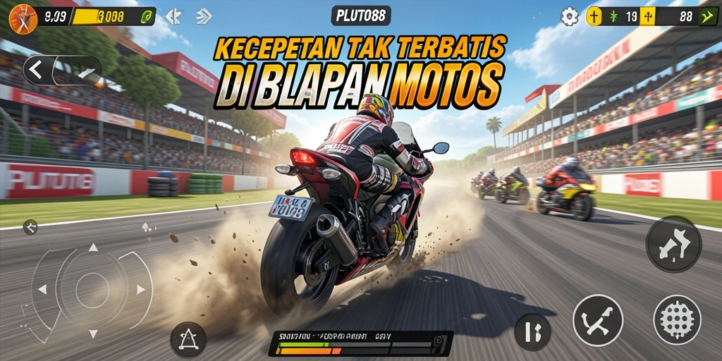 Screenshot gameplay PLUTO88 dengan balapan motor yang mendebarkan.