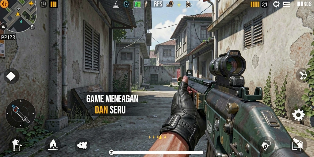 Screenshot gameplay PP123 menampilkan aksi seru dalam pertempuran FPS.