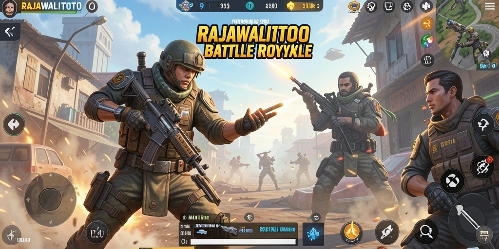 Tangkapan layar utama RAJAWALITOTO menampilkan aksi Battle Royale yang intens.
