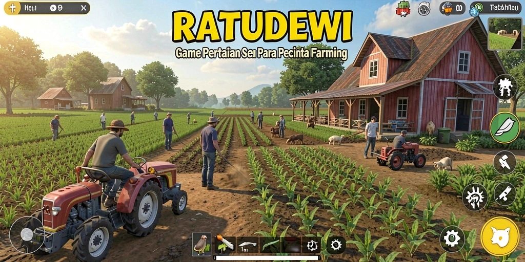 Screenshot gameplay RATUDEWI menampilkan kebun yang subur dan penuh warna.