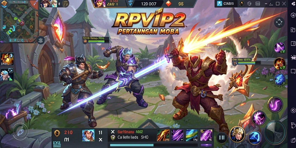 Screenshot gameplay RPVIP2 menampilkan aksi tim yang seru dalam pertempuran MOBA.