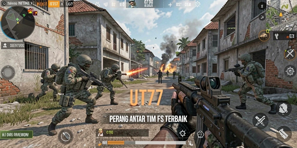 Tampilan gameplay utama UT77 dengan aksi tembak-menembak yang seru.