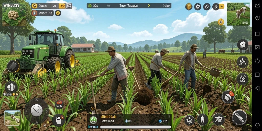 Screenshot gameplay WINBOSS menampilkan ladang hijau dengan berbagai tanaman yang tumbuh.